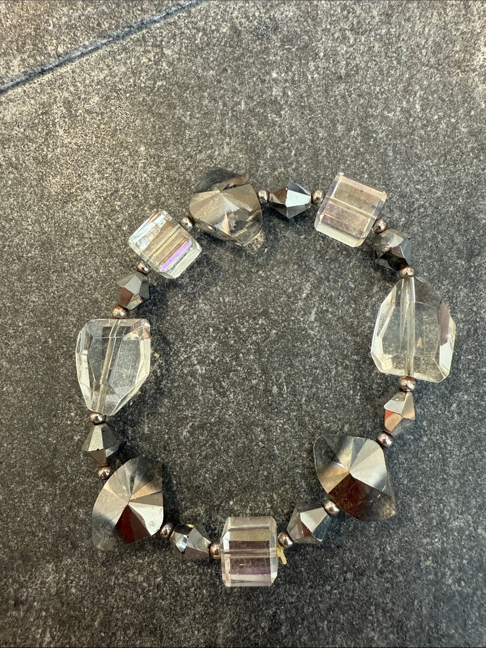 Faceted Clear and Smokey Crystal Stretch Bracelet with Iridescent Shine